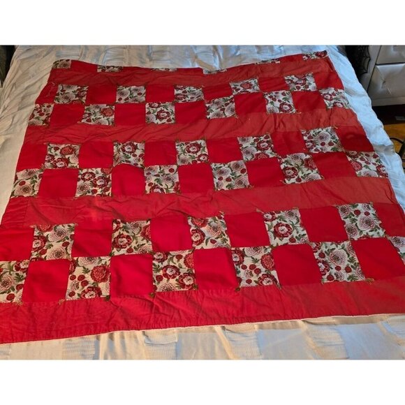 Vintage Handmade Red Cottagecore Patchwork Floral Quilted Throw Blanket - Picture 13 of 13